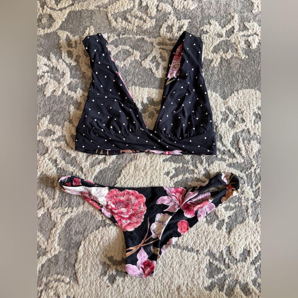 Floral & Polka Dot Reversible Bikini Bottoms - Black & Pink